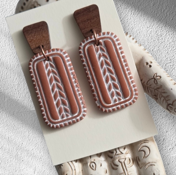 Hand Crafted Jewelry - Boho Terracotta and Wood Earrings